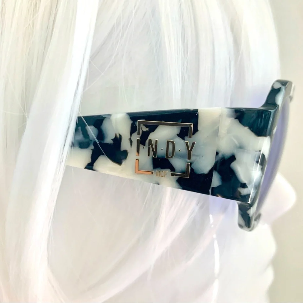 INDY Maui Sunglasses in Black White Marble Tortoise Blue Lens Anthropologie - Picture 5 of 16